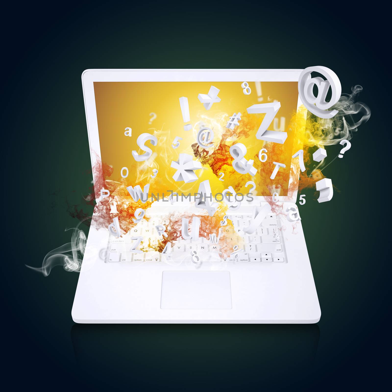 Laptop emits letters, numbers and colored smoke. Technology concept