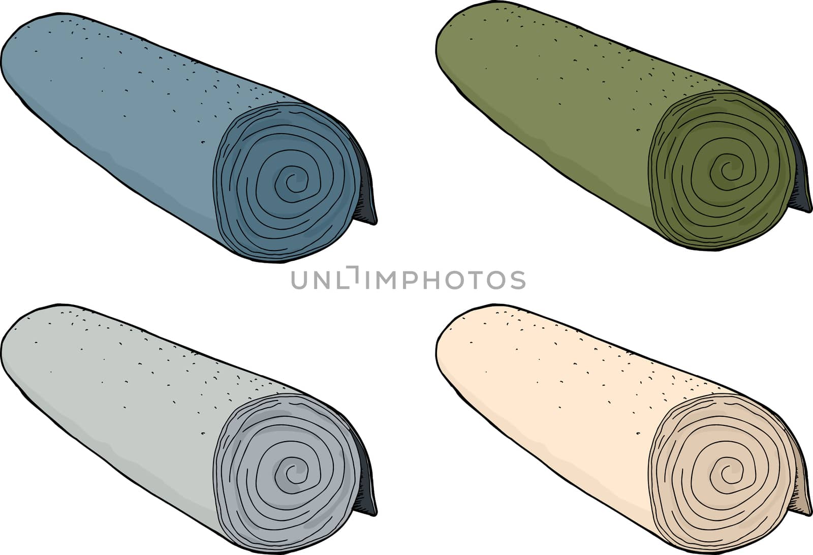 Set of different colored rolls of carpeting on isolated background