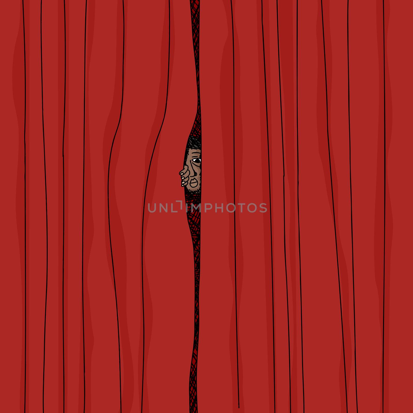 Cartoon of man peeking from behind red curtains