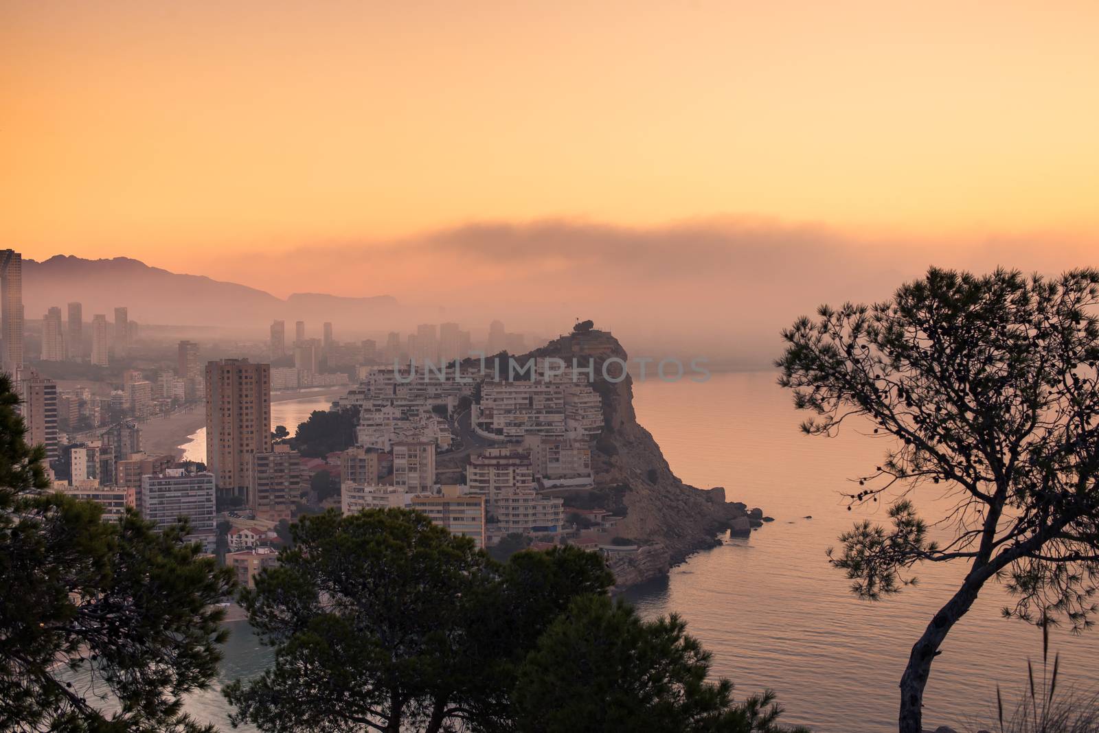 Fog  partially covering  Benidorm high rise skyline