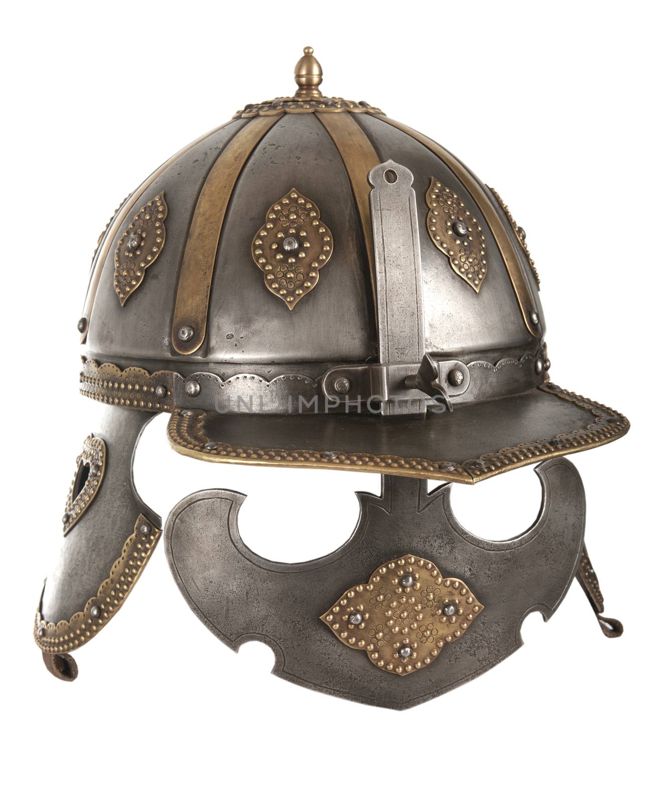 Iron helmet of the medieval knight. Very heavy headdress.