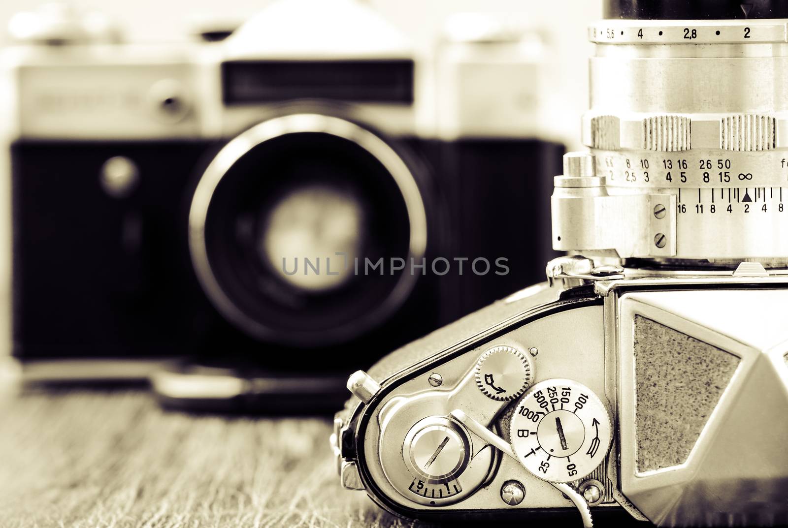 Detail view of classic cameras in monochrome by martinm303