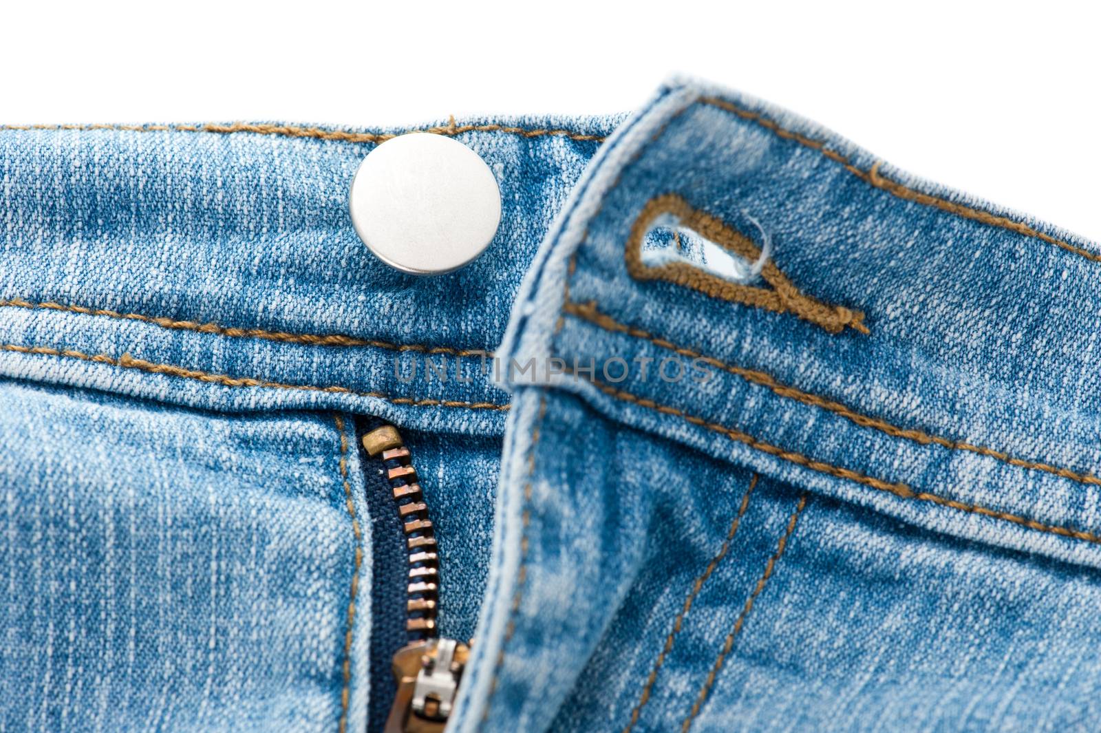 Closeup of blue denim jeans zipper