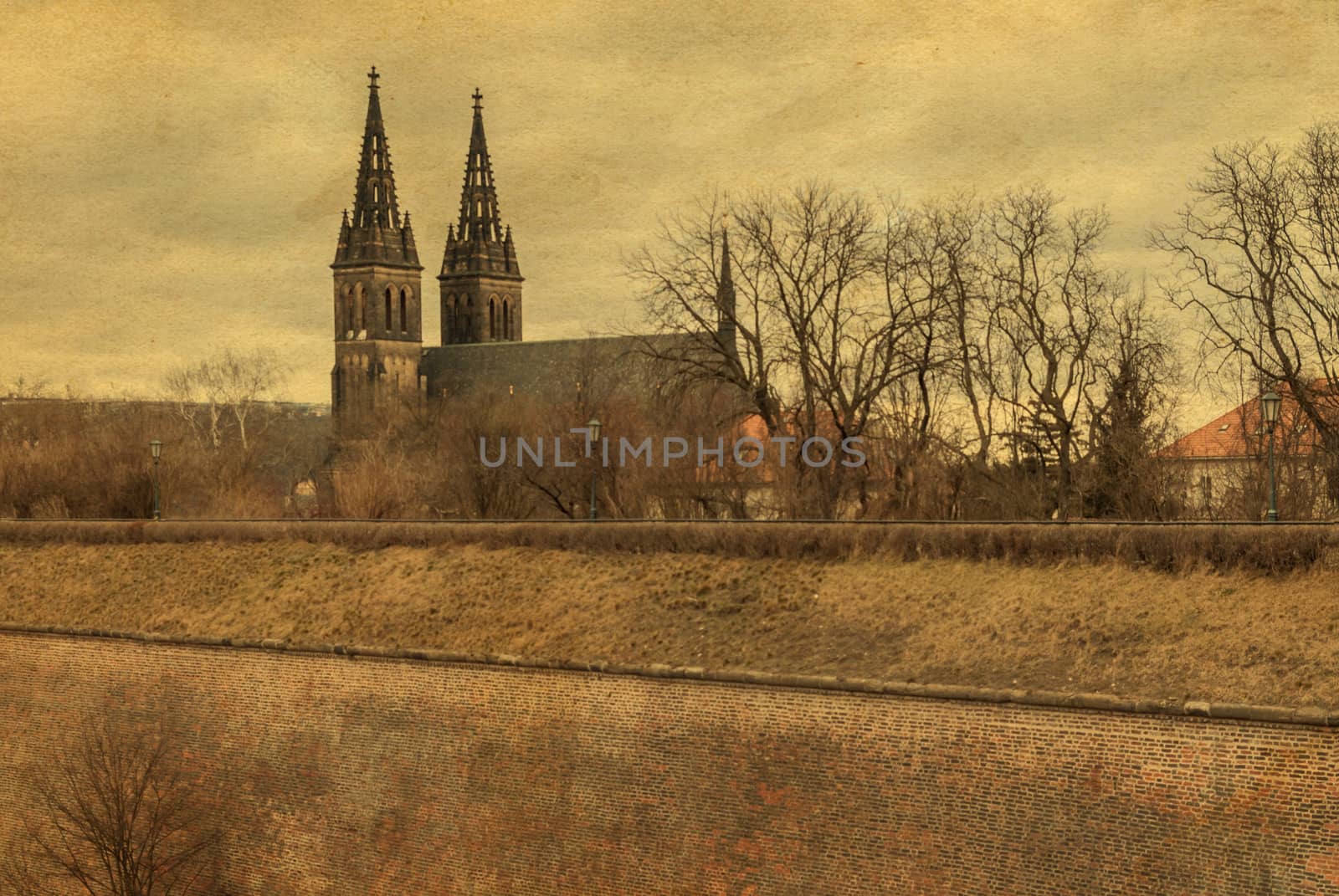 Vysehrad castle, Prague, photo stylized antique postcard, Czech Republic