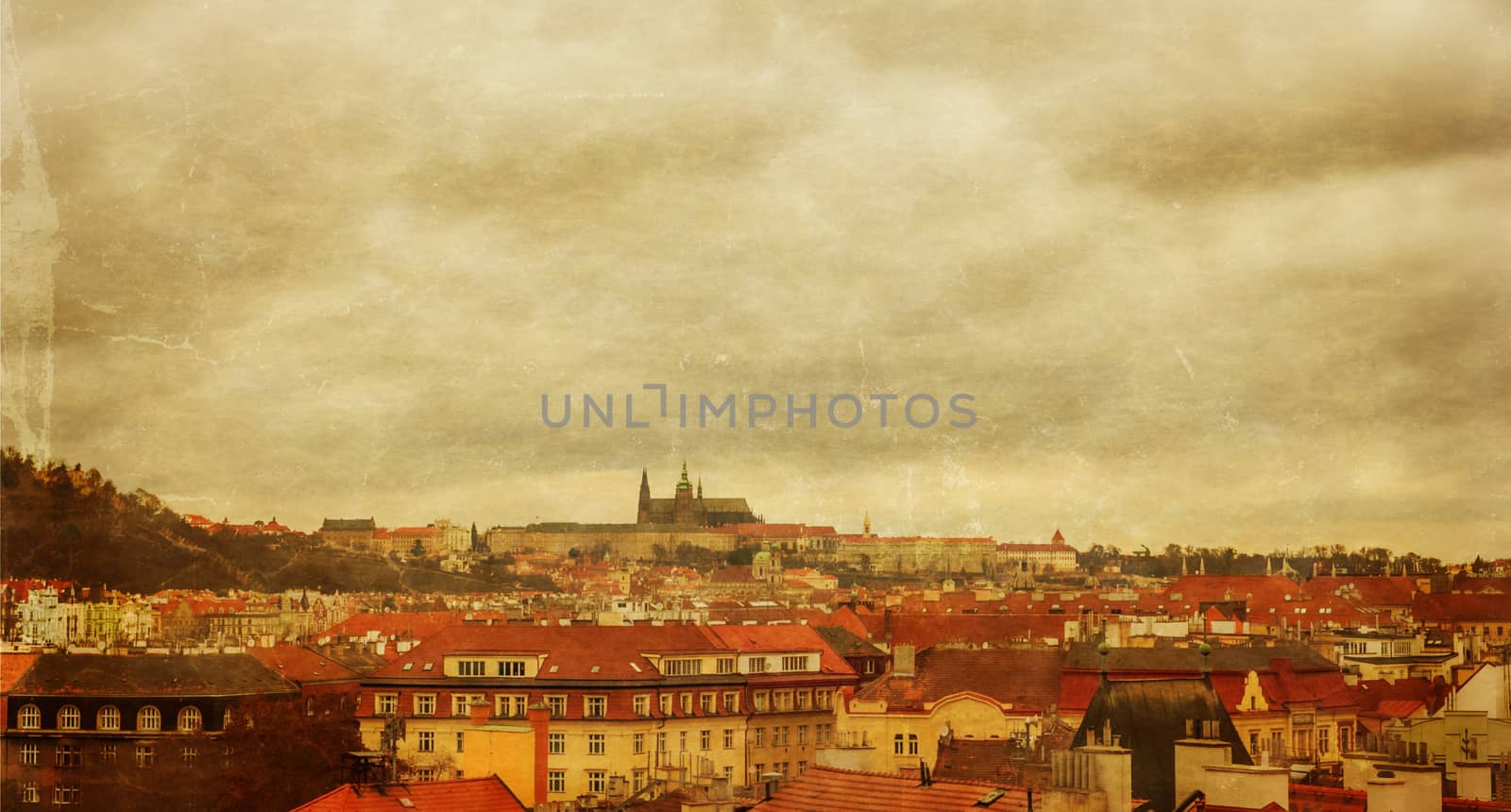 Prague panorama view from Vysehrad, photo stylized antique postcard by Zhukow