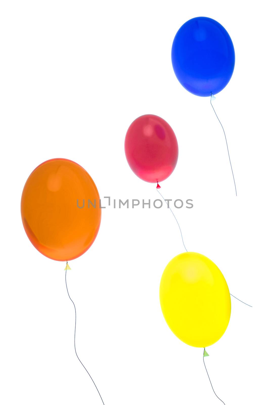 Helium balloons of different colors. Detailed 3D render. Isolated on white background.