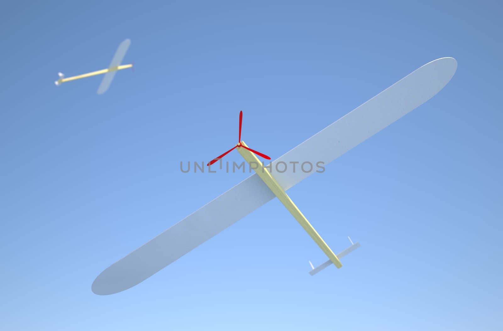 A wooden plane flying against a blue sky. Detailed 3D render.