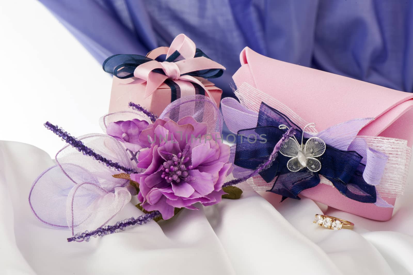  wedding favors on  a colorful fabric background