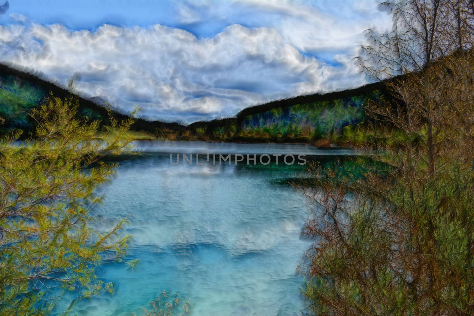 A lake under a cloudy sky. Painterly landscape.