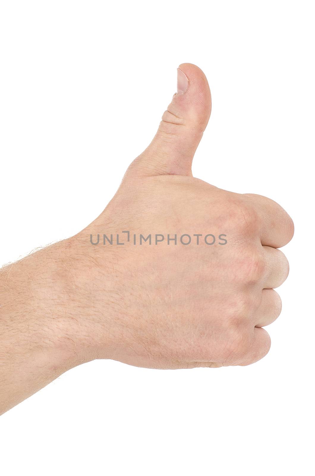male teen hand shows thumbs up, isolated on white