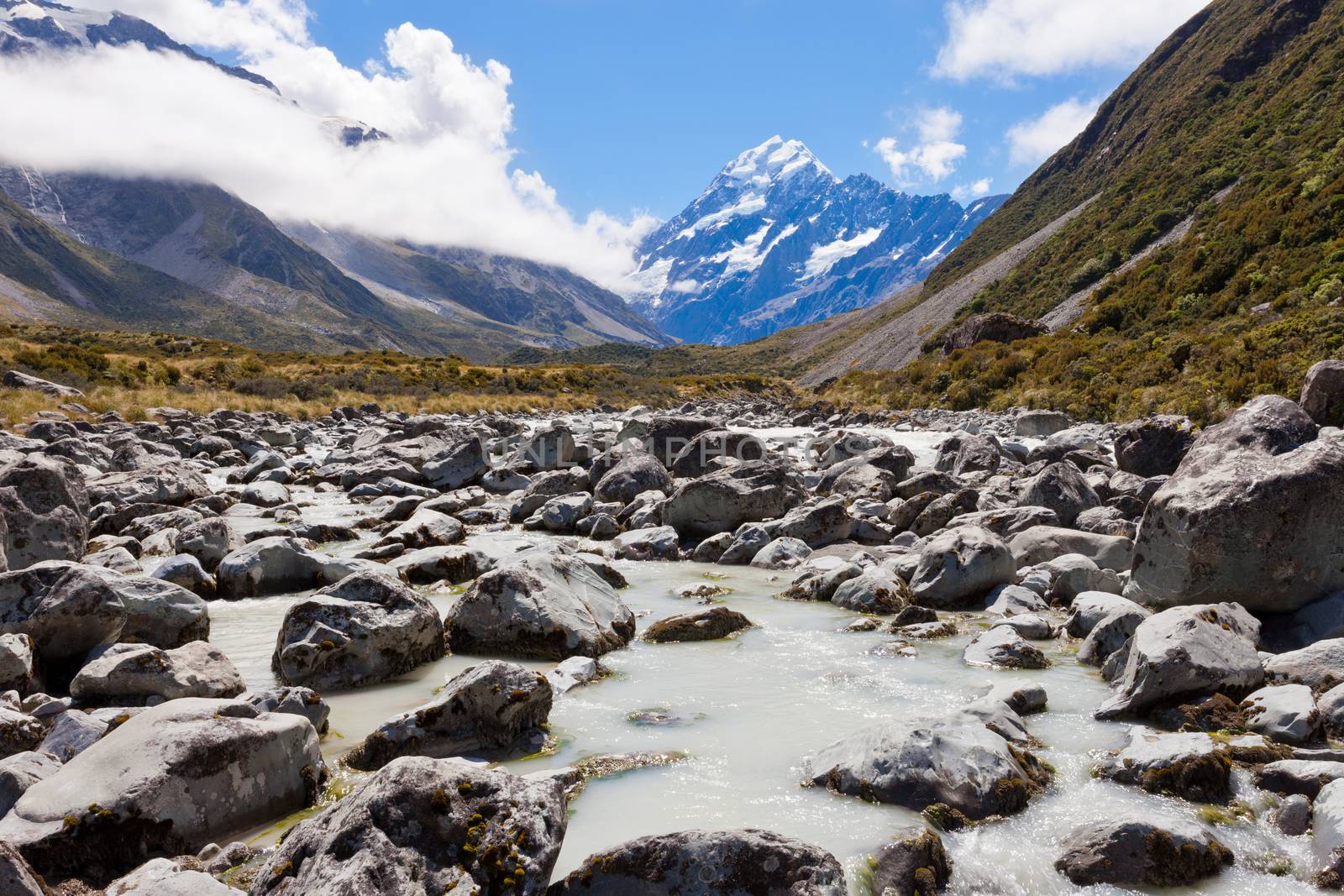 Glacial stream between rocks and gravel in Hooker Valley from Aoraki, Mount Cook, highest peak of Southern Alps, an icon of New Zealand