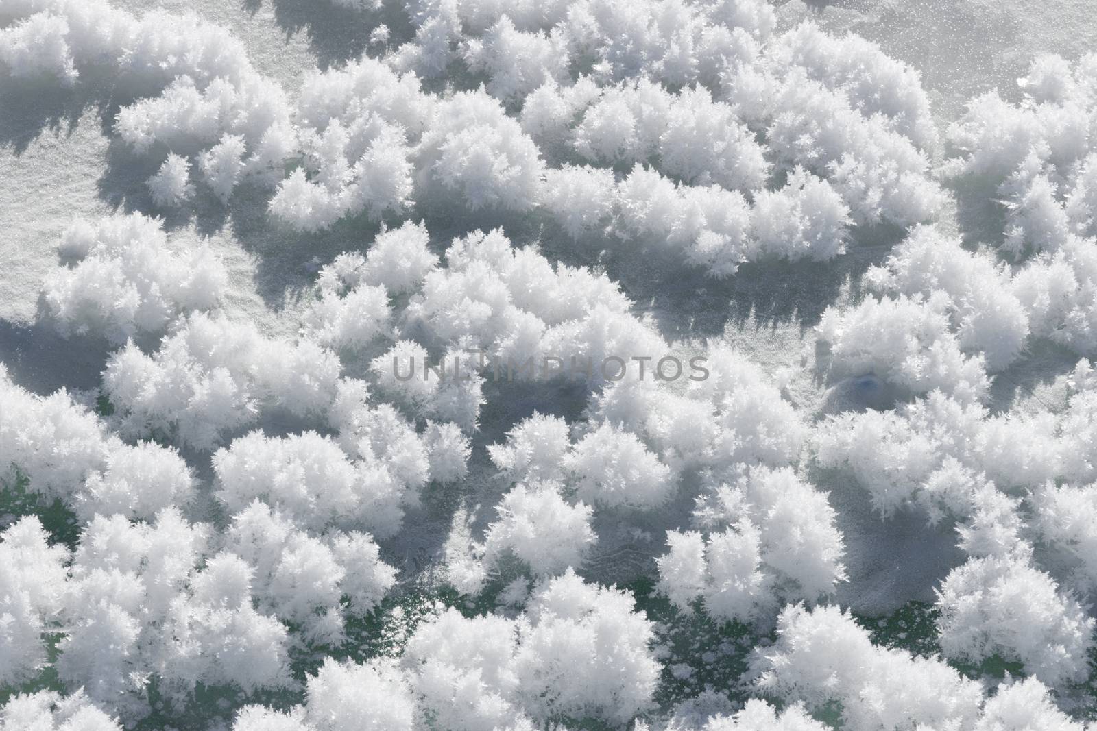 Snow hoar-frost ice crystal clusters on snow surface nature background pattern texture