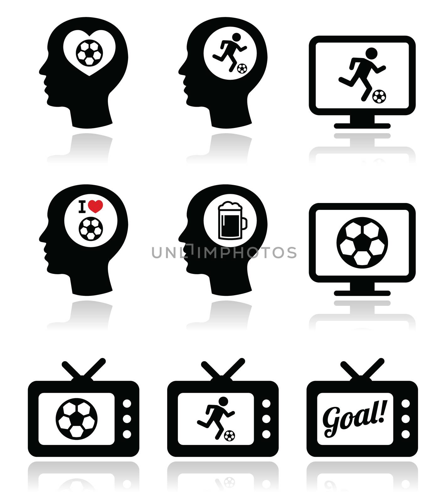Vector icons set of football, watching game on TV isolated on white
