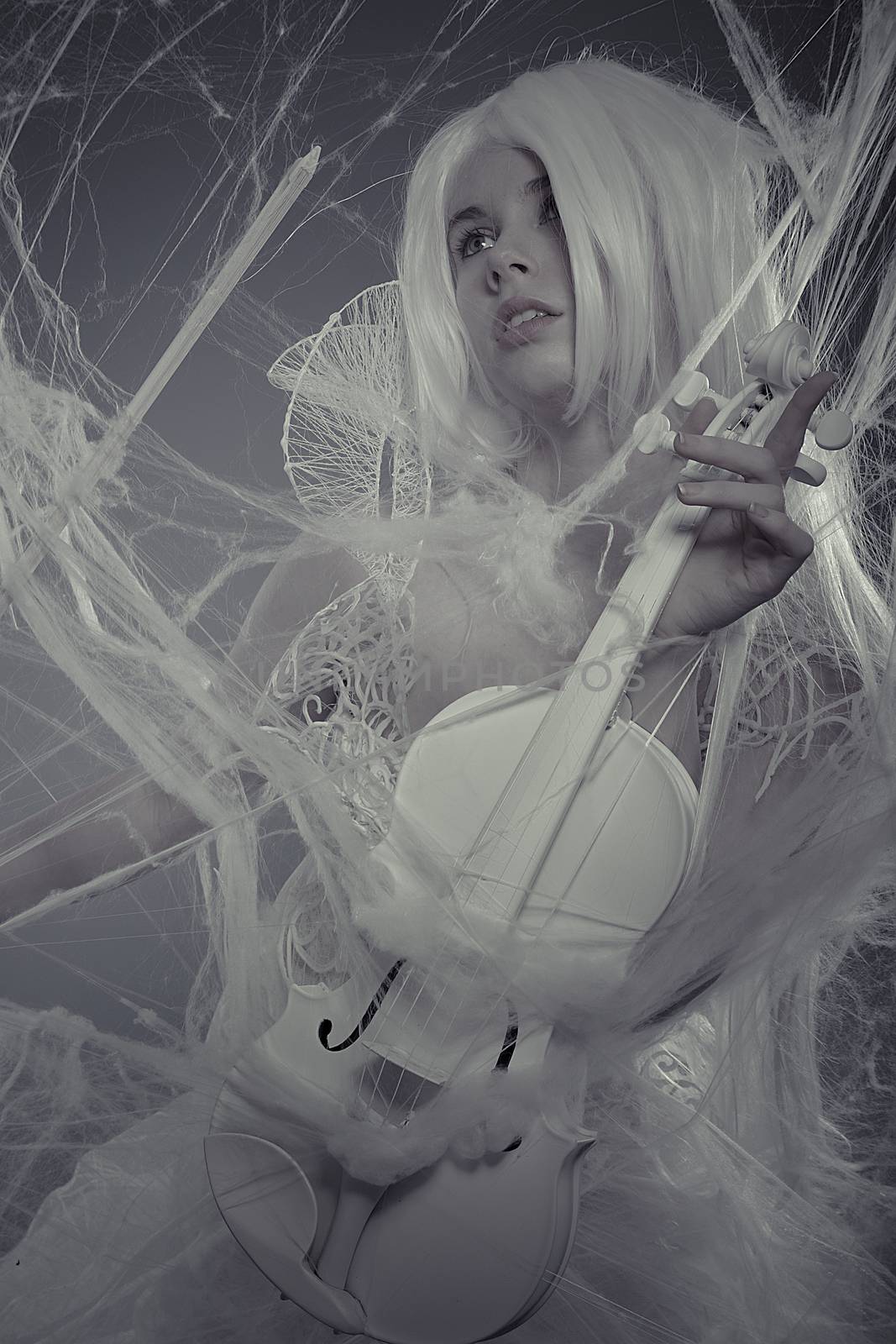 Violin beautiful woman trapped in a spider web, lace dress by FernandoCortes