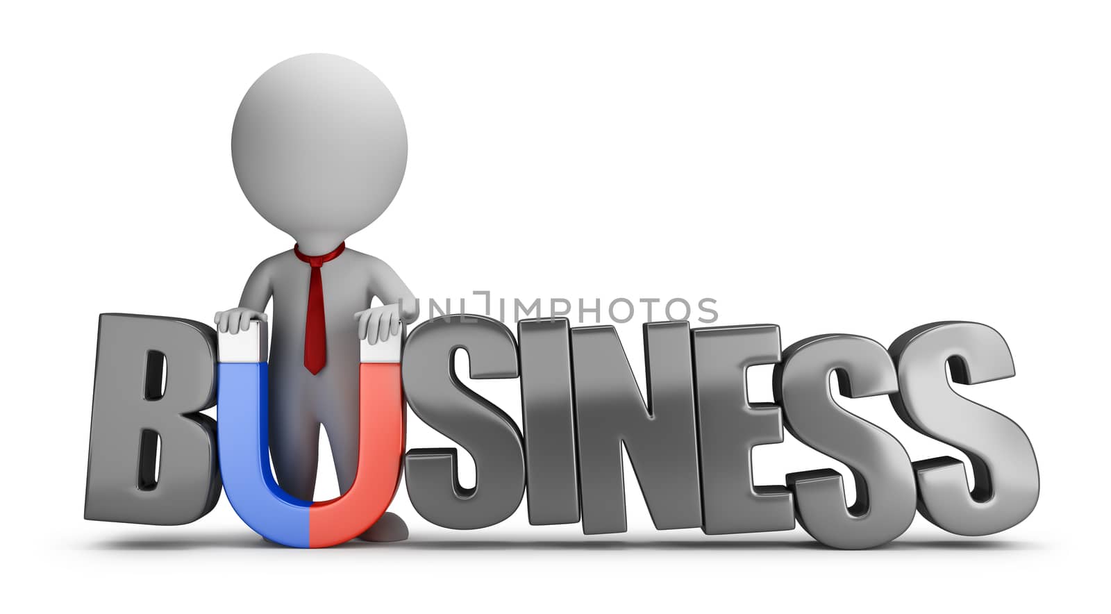 3d small person standing next to business and holding magnet. 3d image. White background.