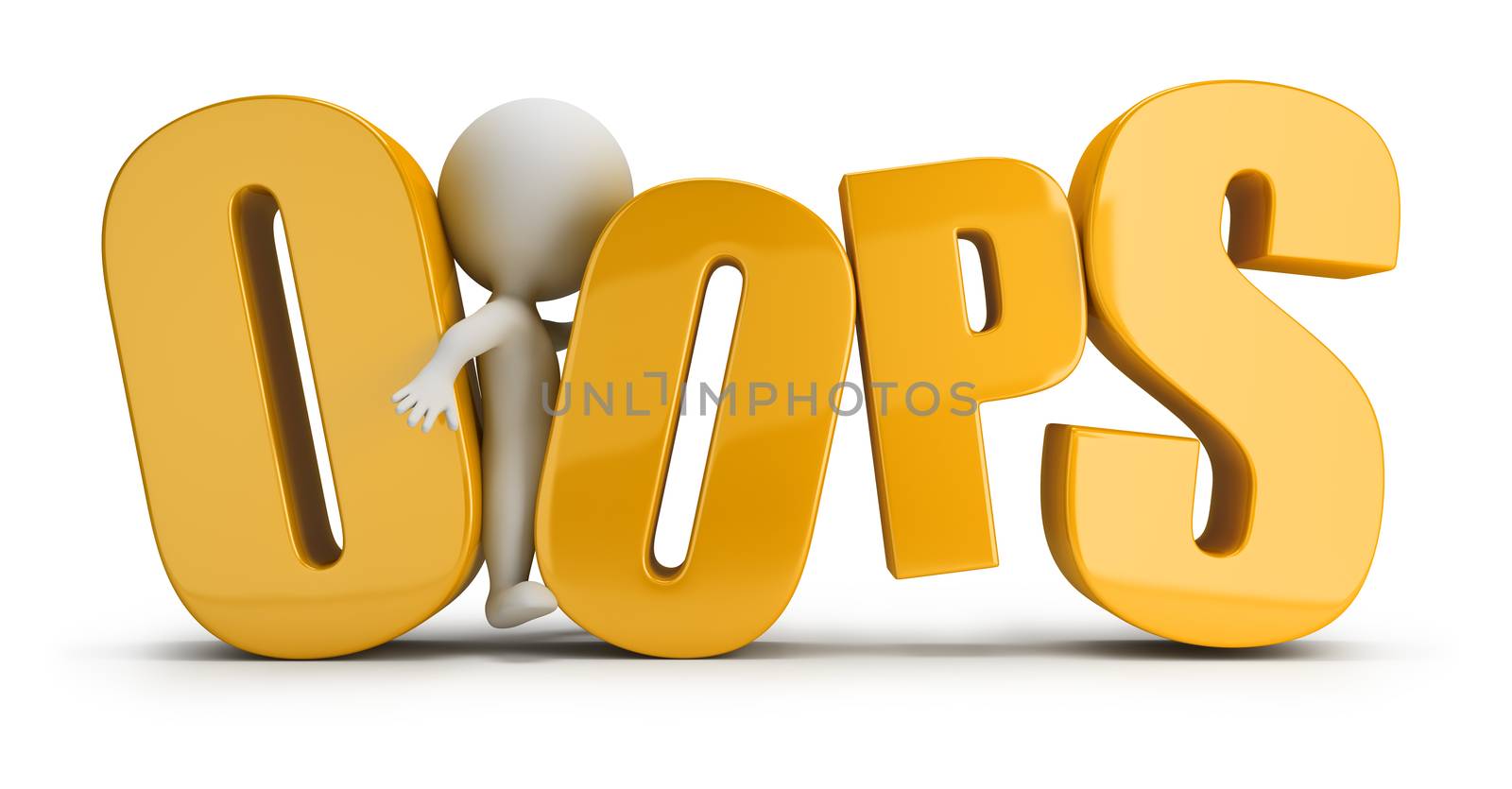 3d small person stuck between letters in a word oops. 3d image. White background.