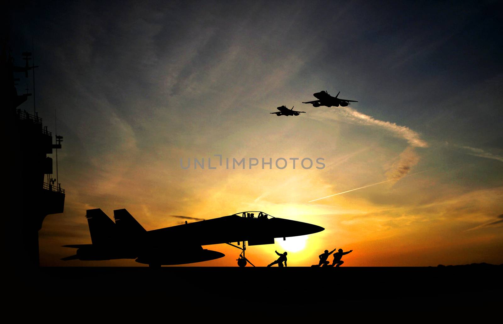 Military aircraft before take-off from aircraft carrier on dramatic sunset background