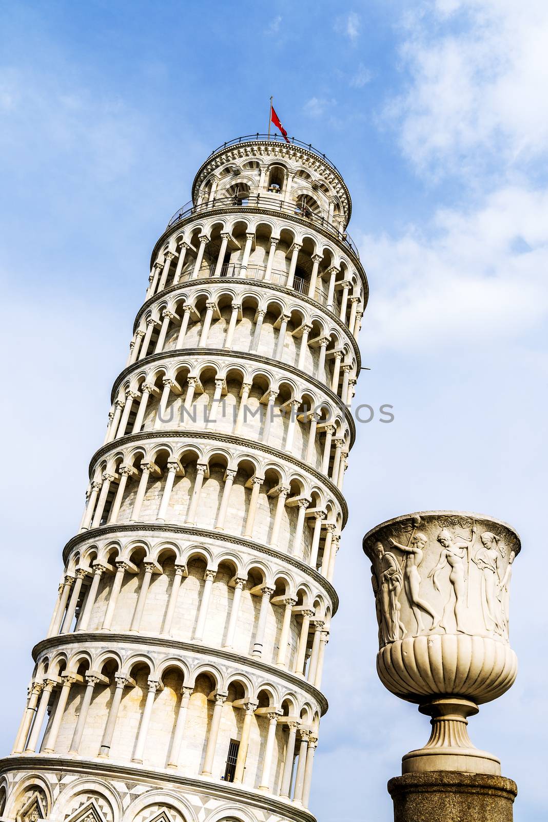Pisa, place of miracles: the leaning tower and the cathedral baptistery, tuscany, Italy 