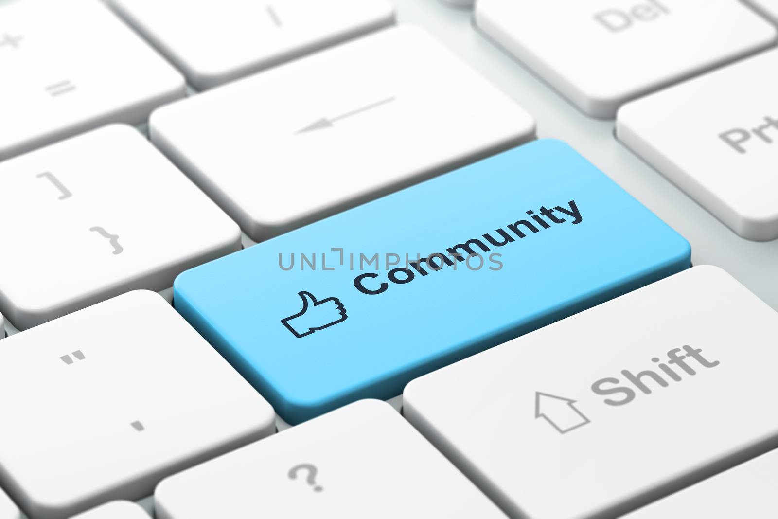 Social media concept: computer keyboard with Thumb Up icon and word Community, selected focus on enter button, 3d render