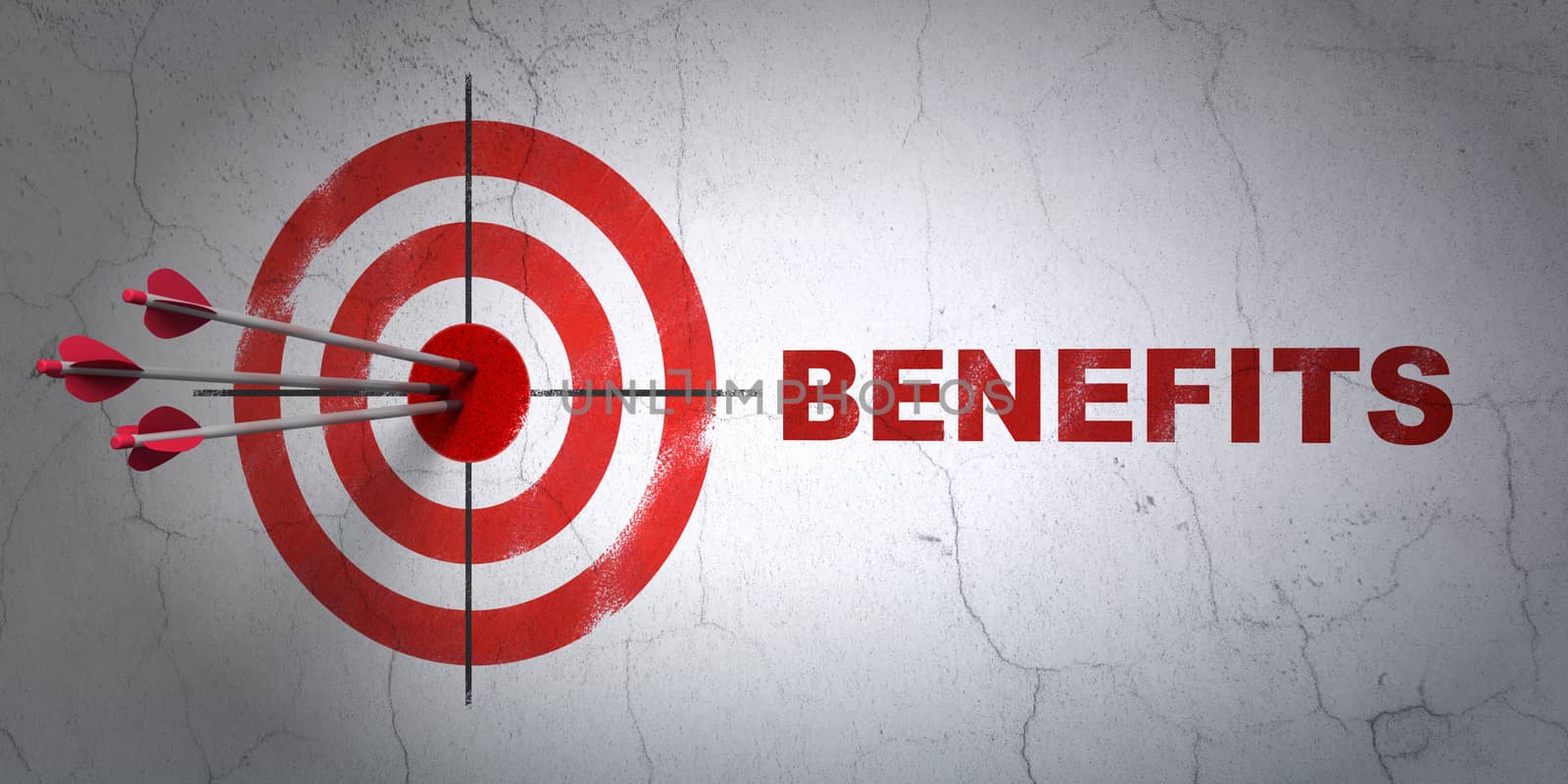 Success business concept: arrows hitting the center of target, Red Benefits on wall background, 3d render