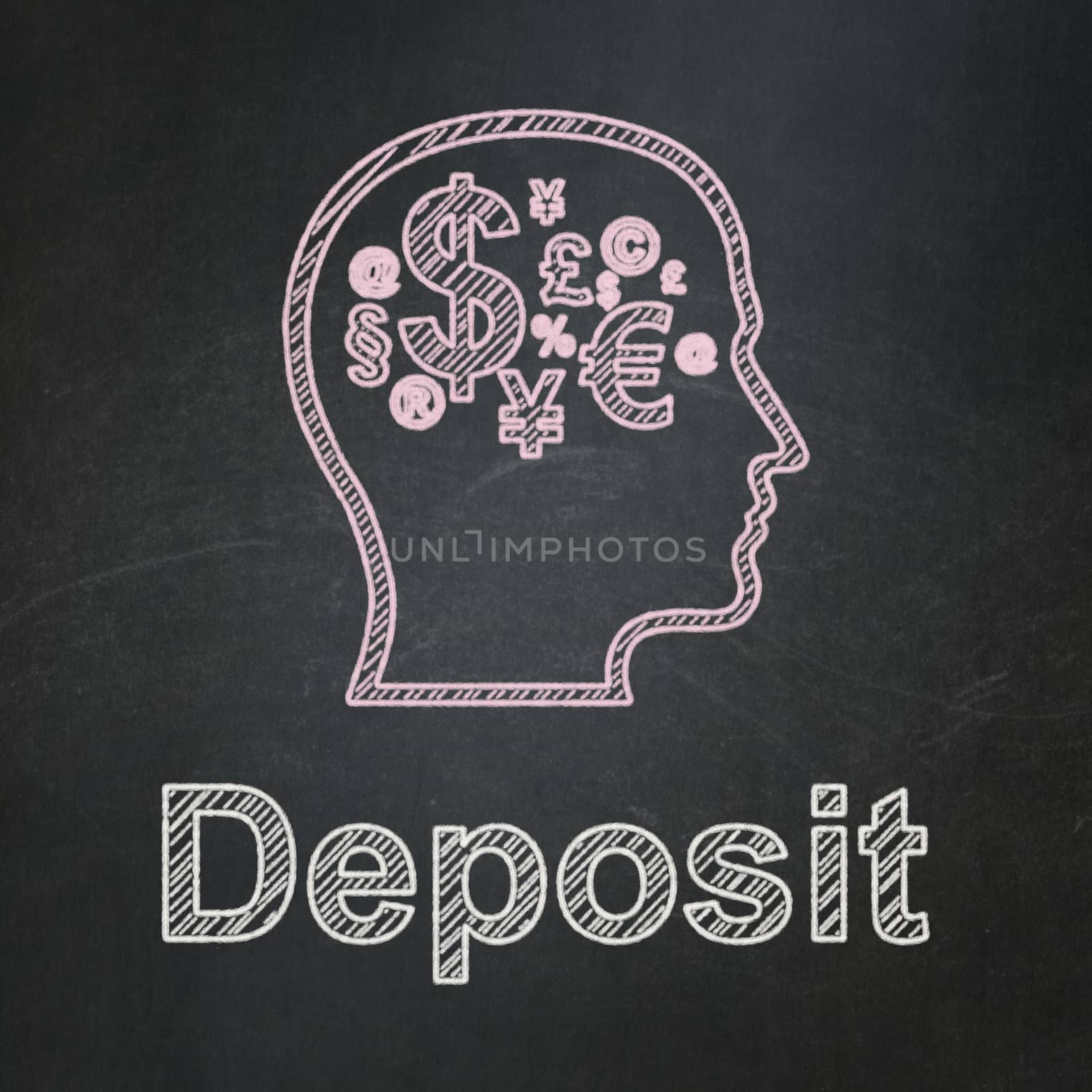 Education concept: Head With Finance Symbol icon and text Deposit on Black chalkboard background, 3d render