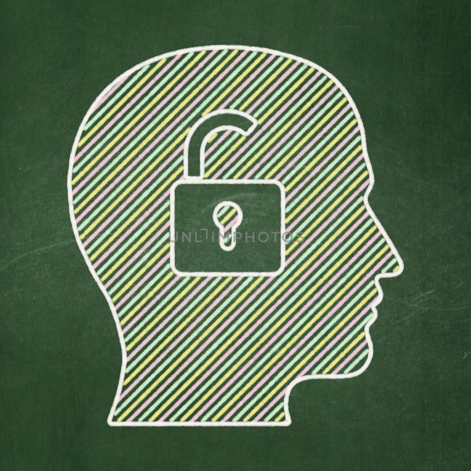 Business concept: Head With Padlock icon on Green chalkboard background, 3d render