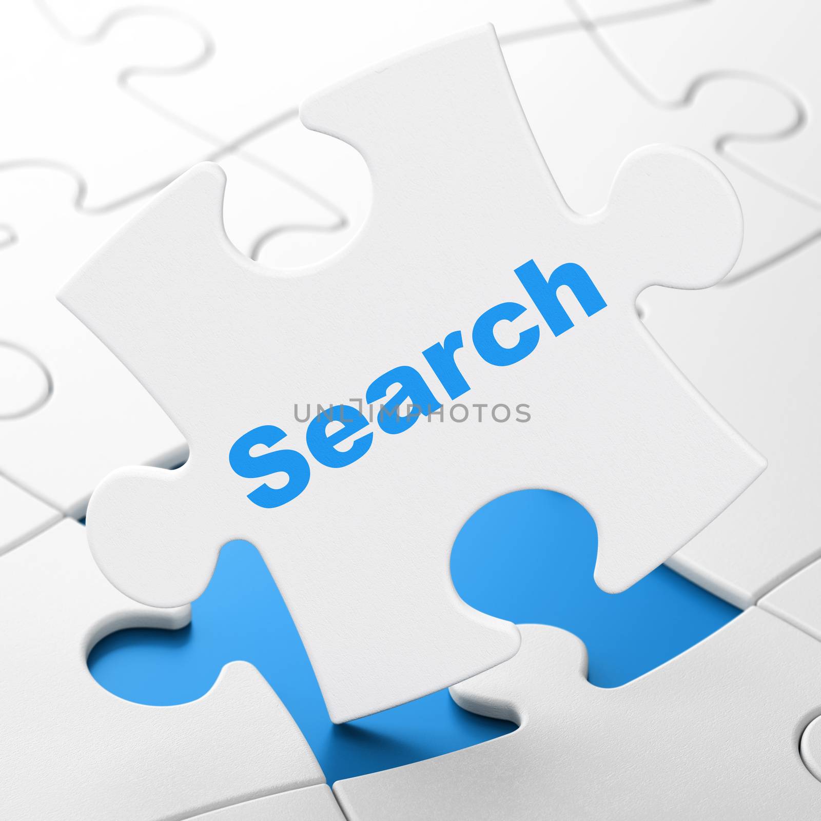 Web development concept: Search on White puzzle pieces background, 3d render