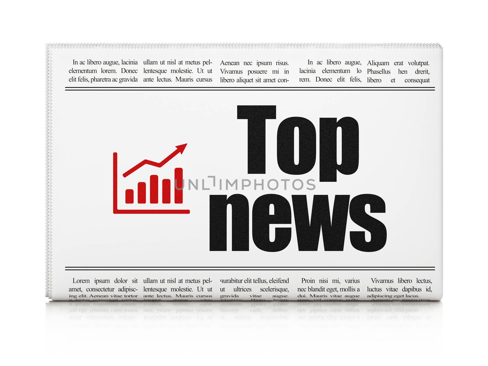 News concept: newspaper headline Top News and Growth Graph icon on White background, 3d render