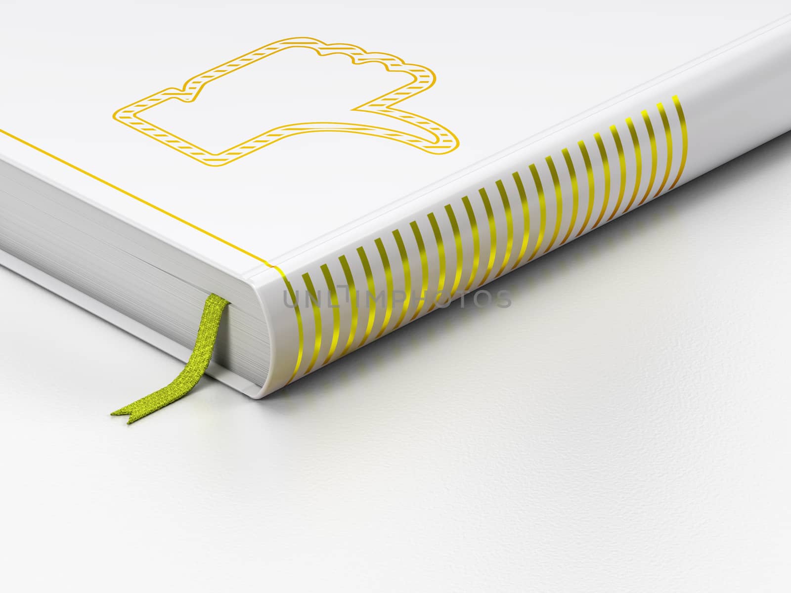 Social media concept: closed book with Gold Thumb Down icon on floor, white background, 3d render