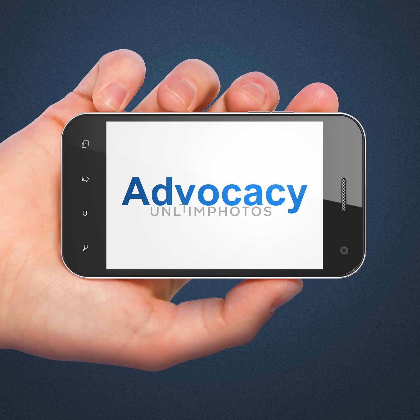 Law concept: hand holding smartphone with word Advocacy on display. Mobile smart phone on Blue background, 3d render