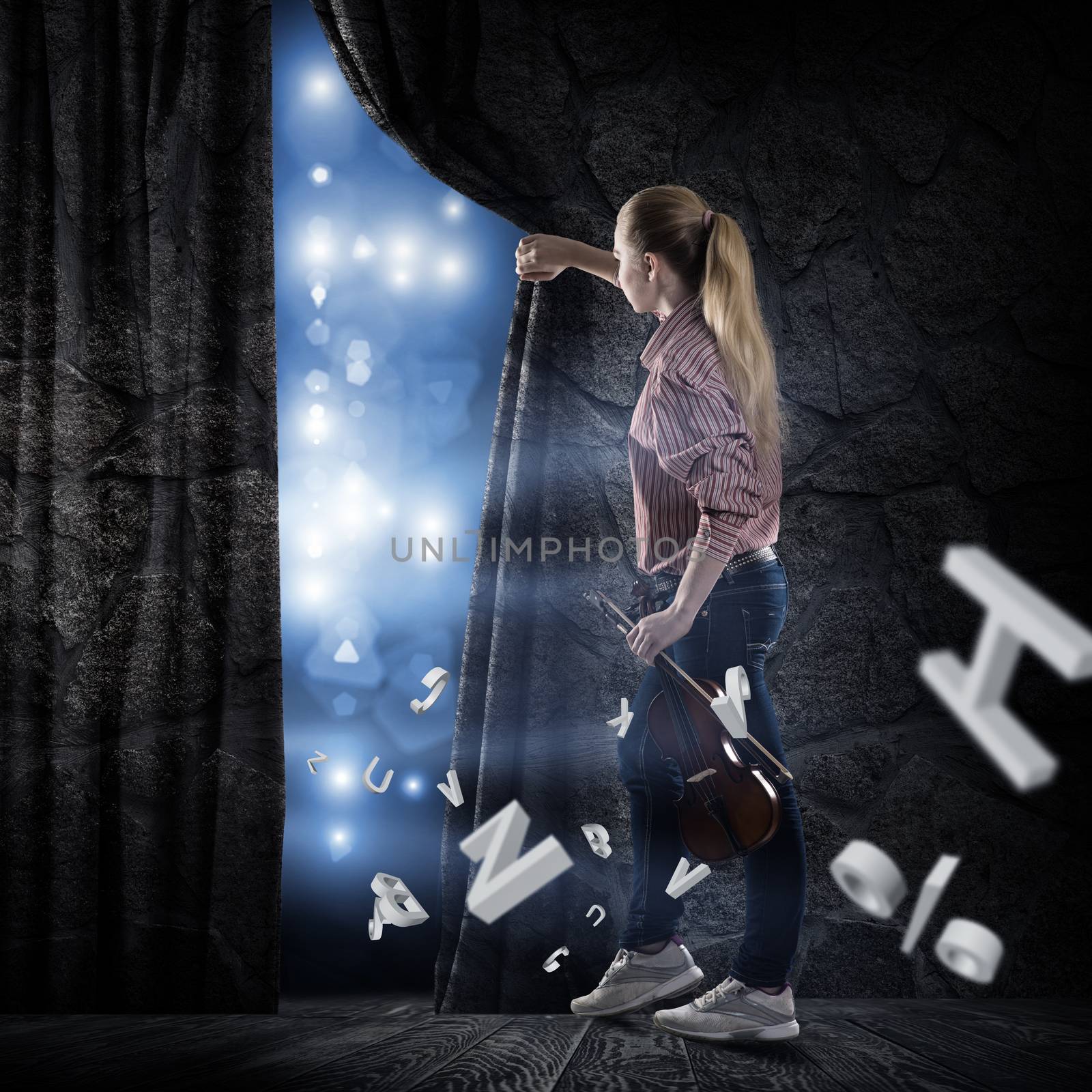 image of a young woman pushes the curtain behind which concert lights