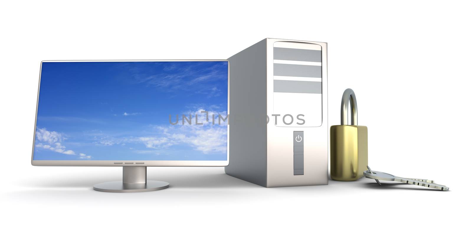 A secure Desktop PC. 3D rendered Illustration. Isolated on white.