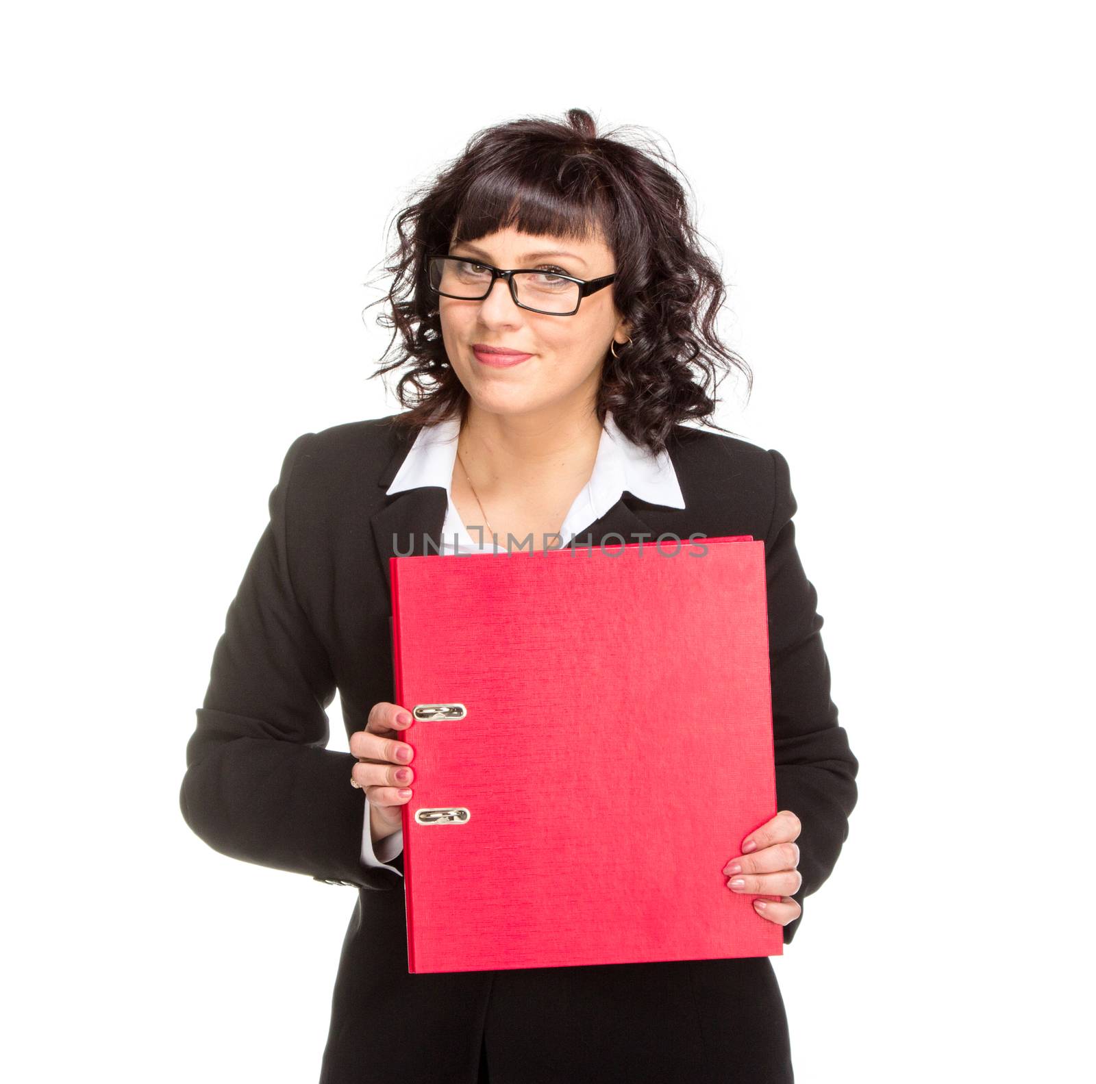 Cheerful senior business woman with folder, isolated on white