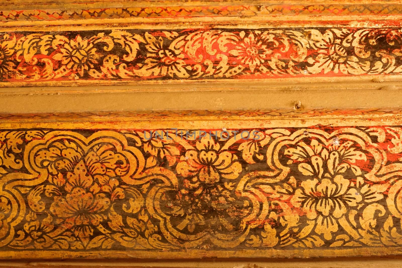 the detail of  thai gold painting pattern on ancient  wood plate,shallow focus,Lampang temple,Thailand