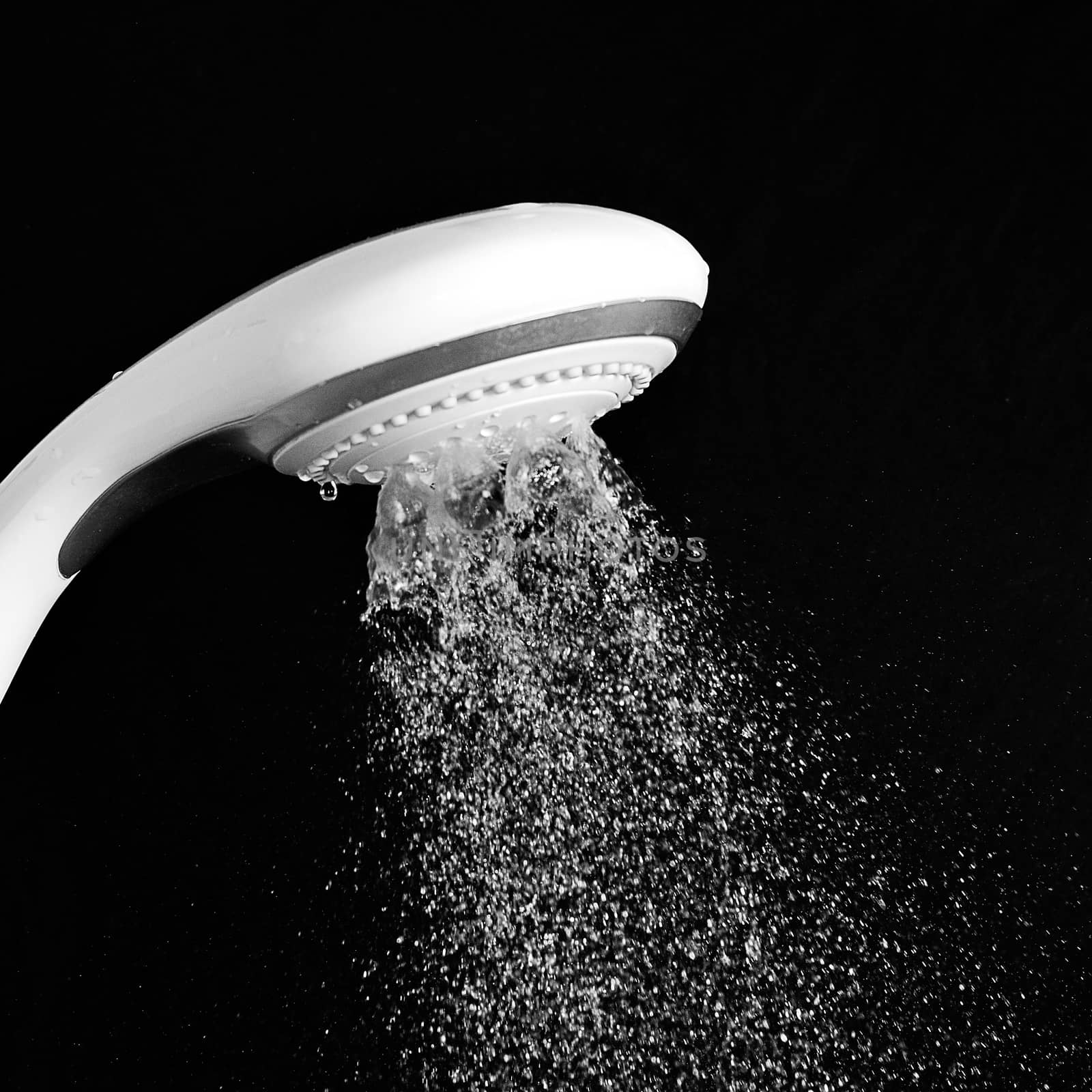 Modern shower head with running water isolated on black background