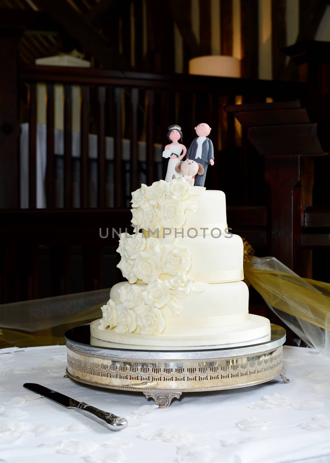 Wedding cake is three tier with topper showing couple and dog