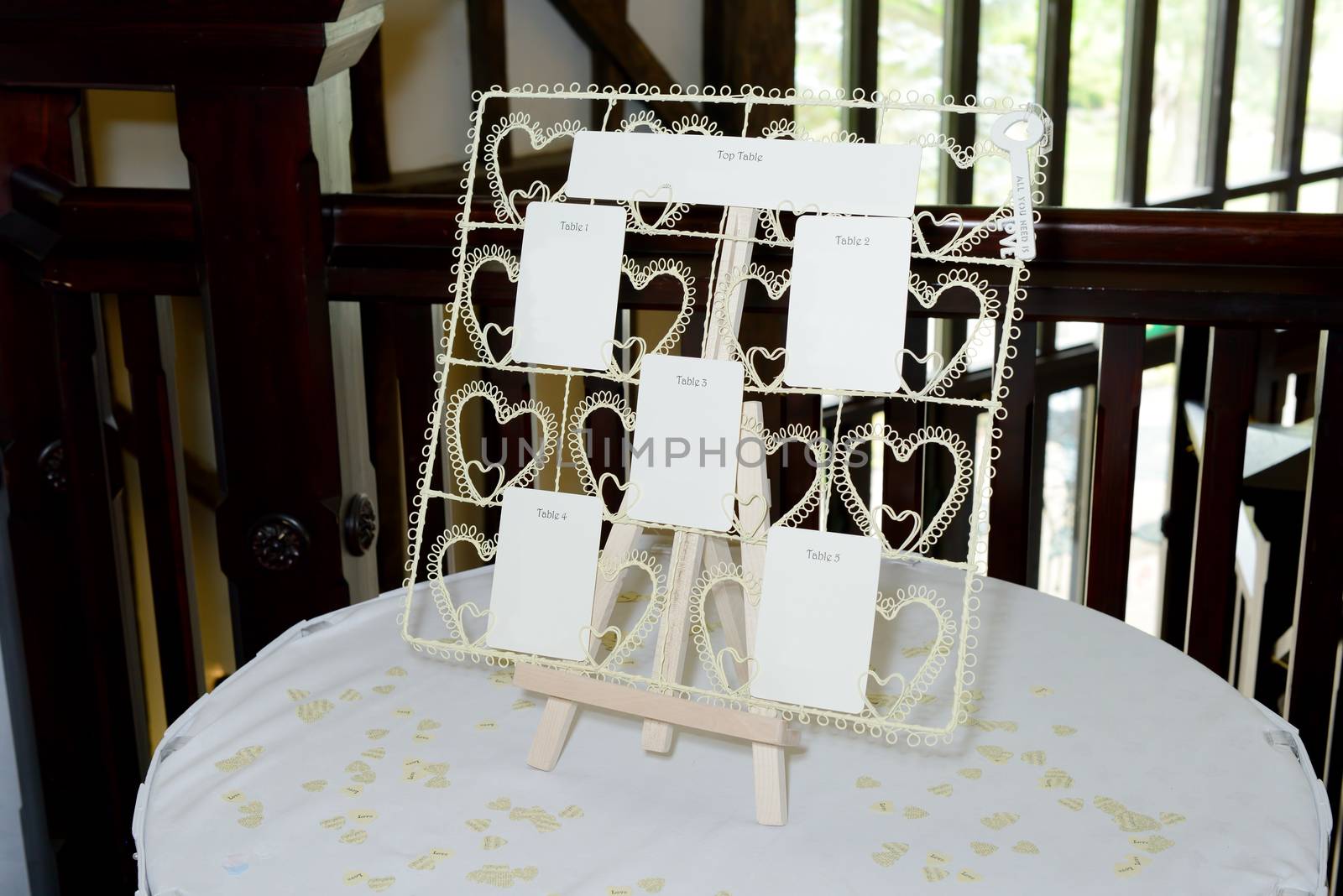 Wedding reception seating plan closeup on table with decoration