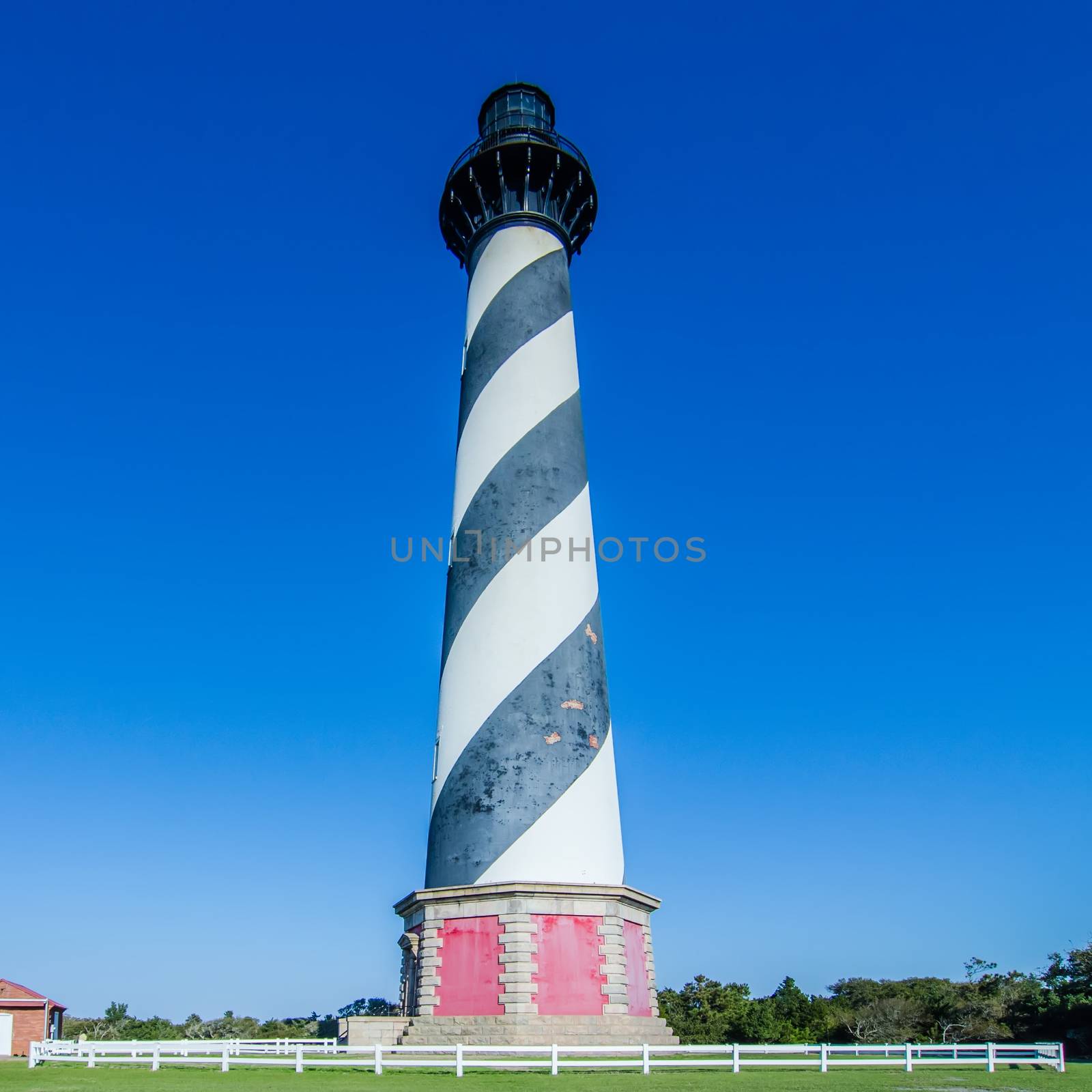 Diagonal black and white stripes mark the Cape Hatteras lighthouse at its new location near the town of Buxton on the Outer Banks of North Carolina