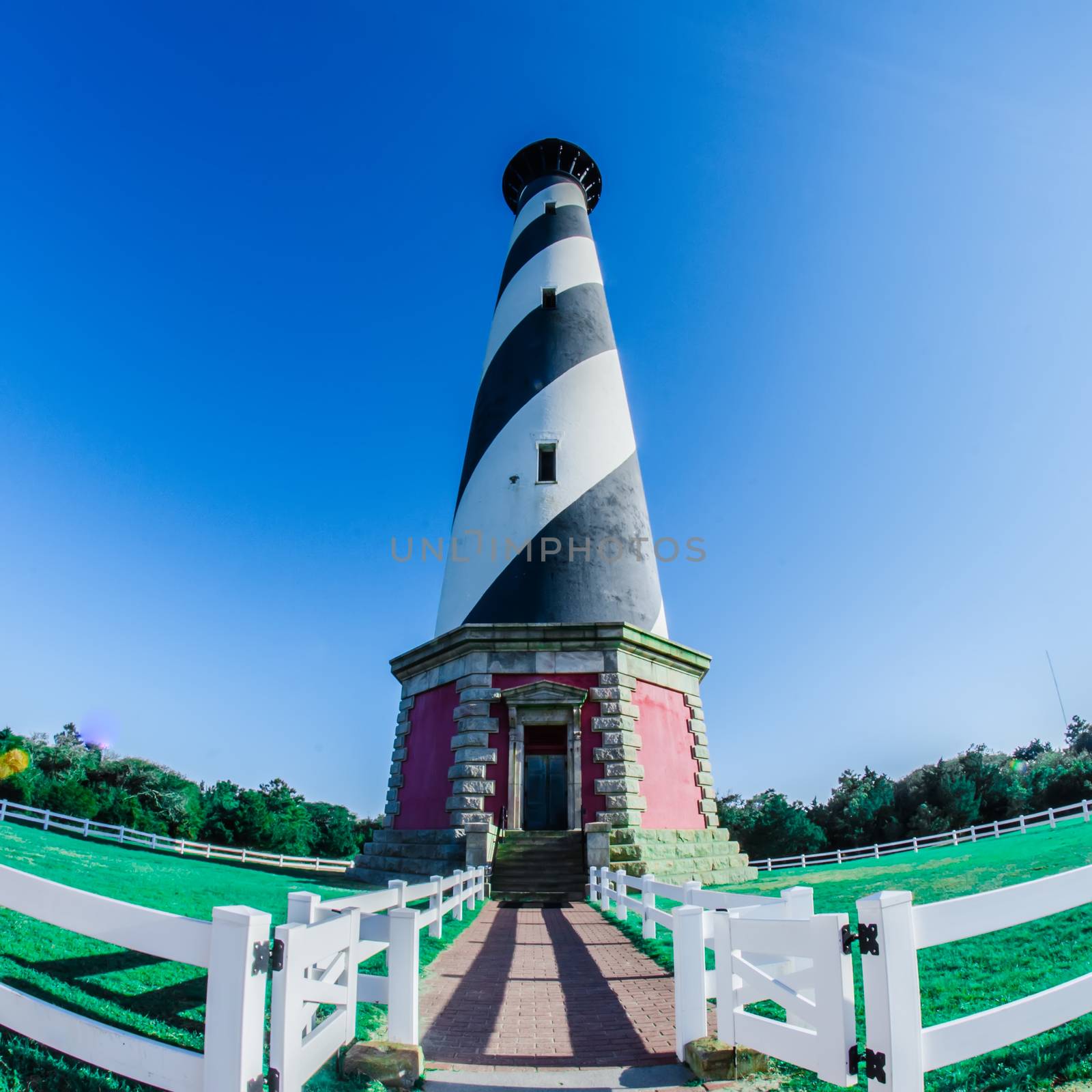 Diagonal black and white stripes mark the Cape Hatteras lighthouse at its new location near the town of Buxton on the Outer Banks of North Carolina