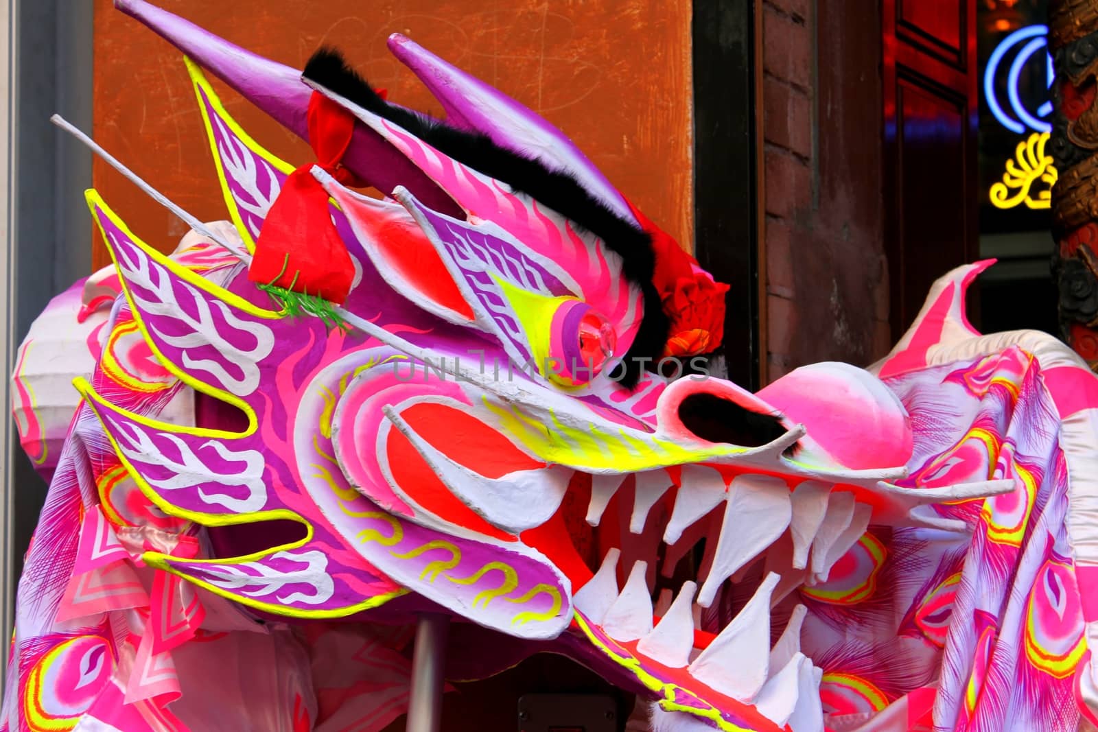 Colorful Chinese dragon used in a parade.