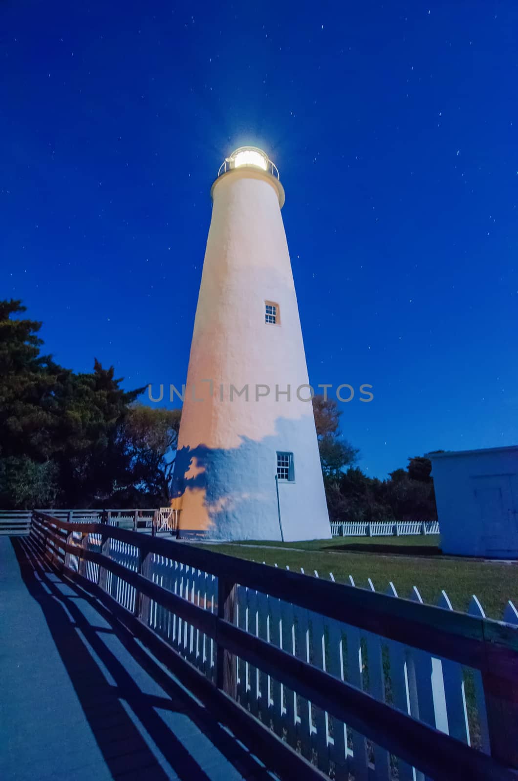 The Ocracoke Lighthouse on Ocracoke Island on the North Carolina coast after sunset