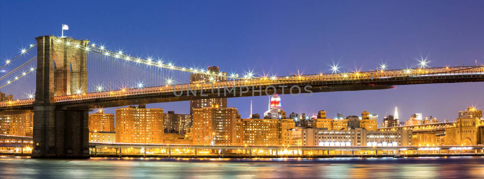 Panorama of Brooklyn bridge at dusk, New York City USA