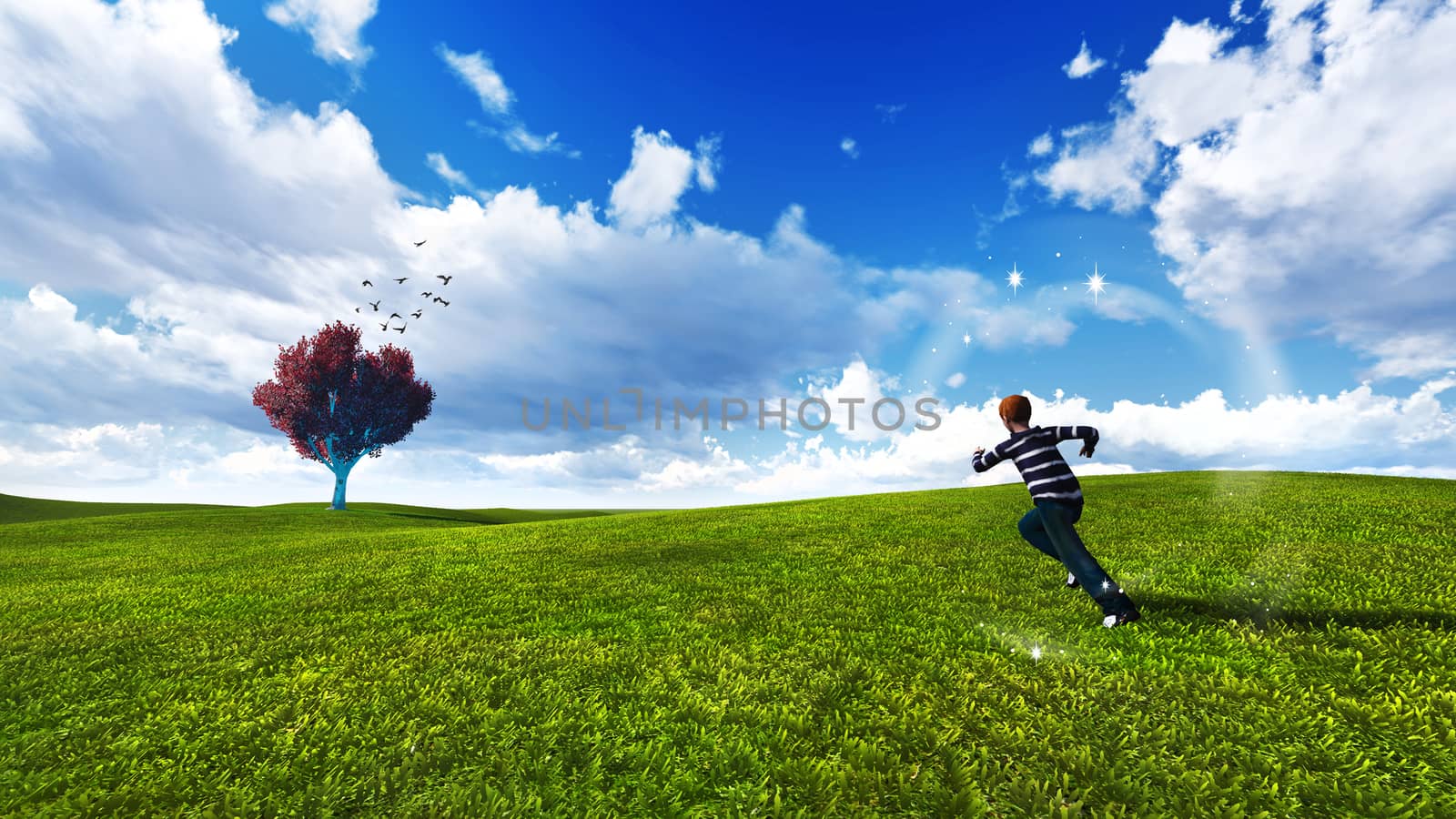 Boy running to the trees in a meadow with blue sky