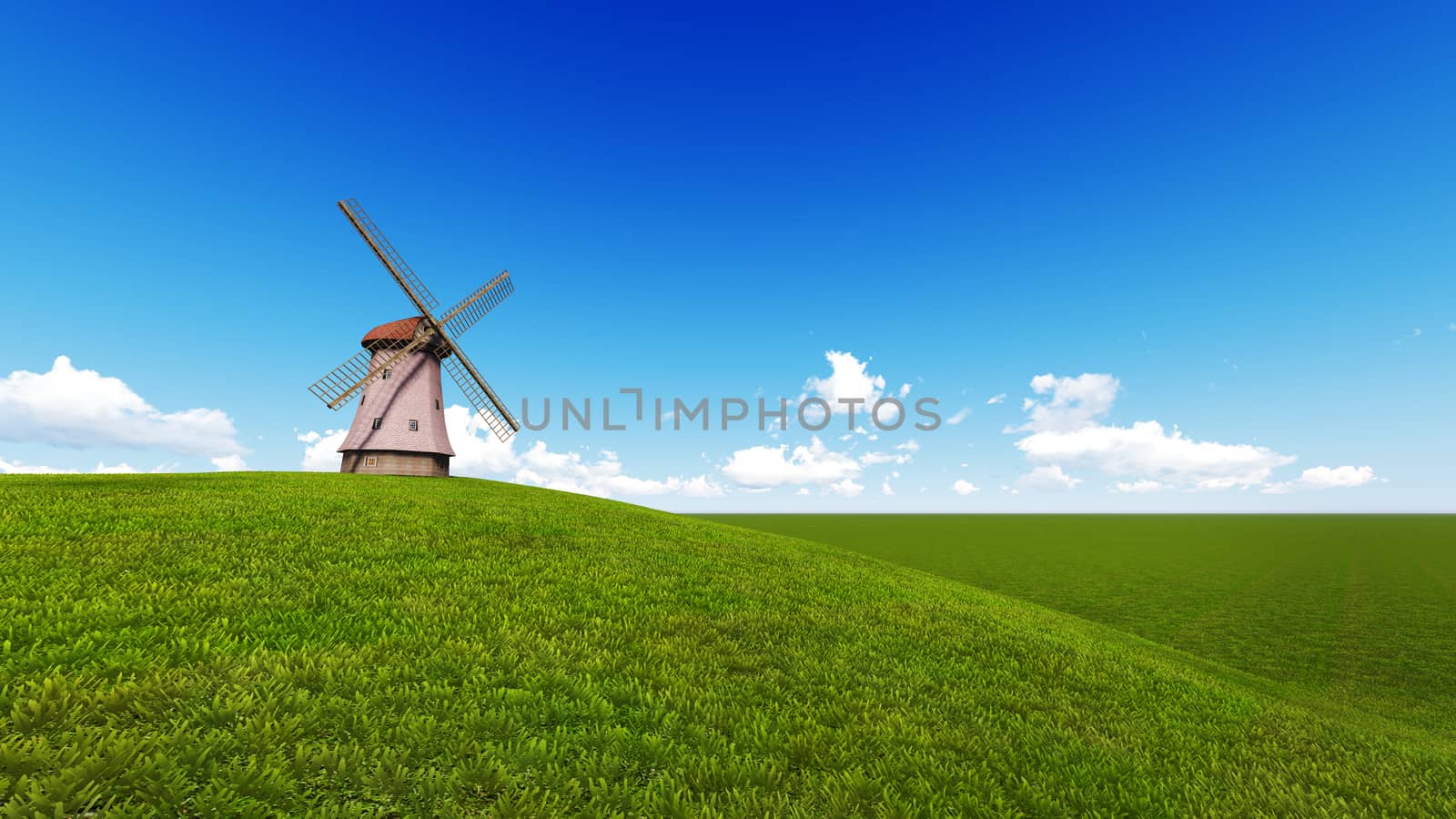 wind turbine in a meadow with blue sky