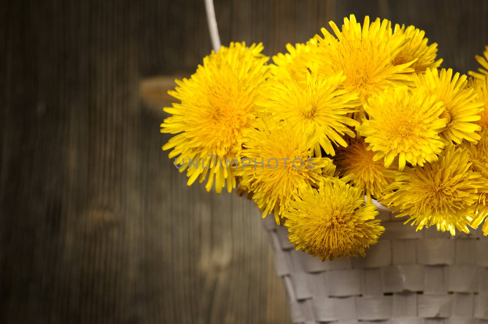 Dandelions in a basket on dark wooden background 