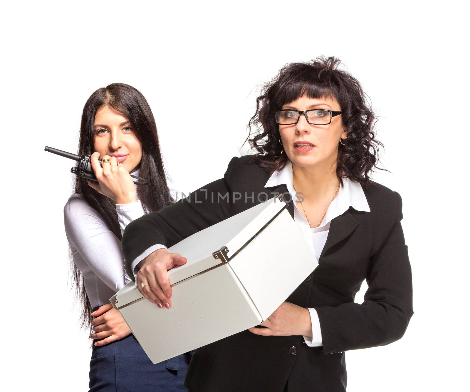 Business woman with cb radio and box looking at camera., isolated on white.