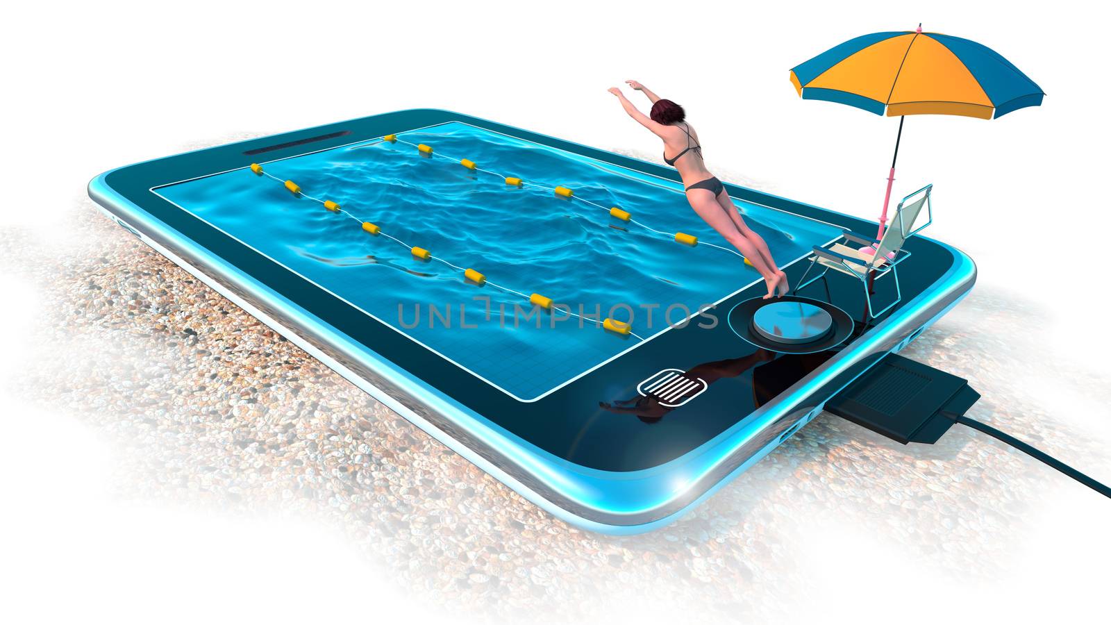 Digital tablet as water pool as vacation and communication concept background by denisgo