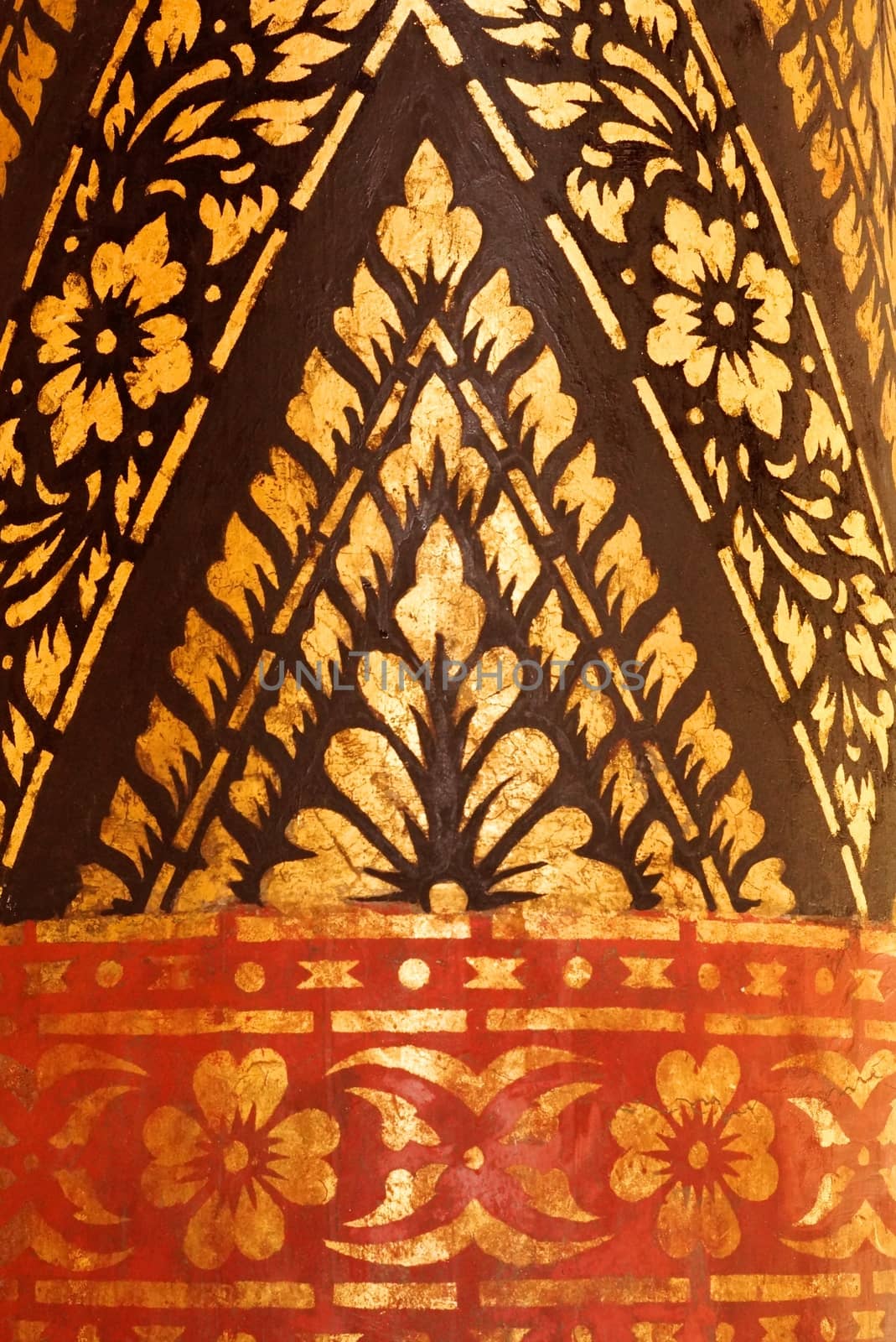 the detail of  thai gold painting pattern on ancient temple pillars ,shallow focus,Lampang temple,Thailand