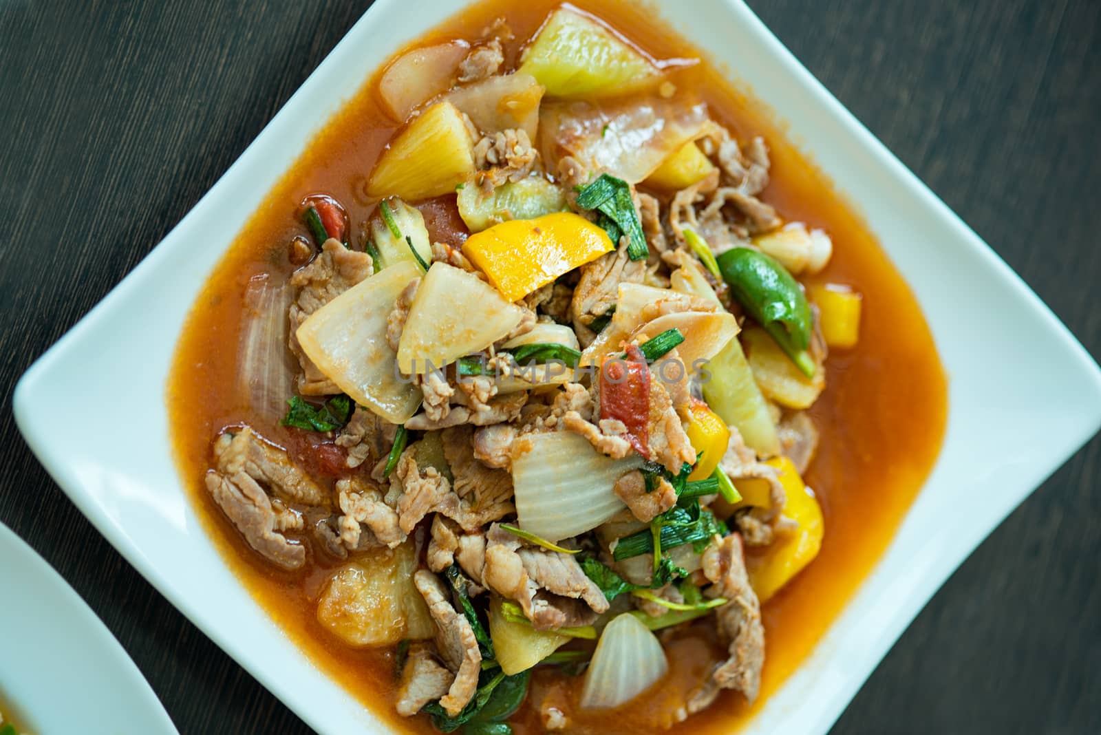 fried pork with sweet peppers, Thai food