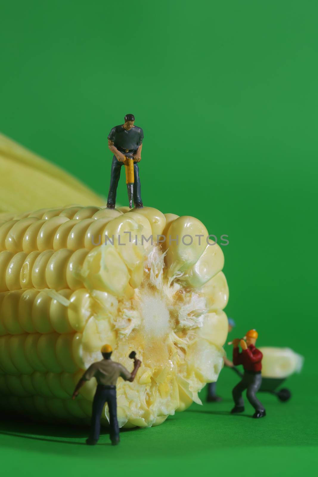 Miniature Construction Workers in Conceptual Food Imagery With Corn